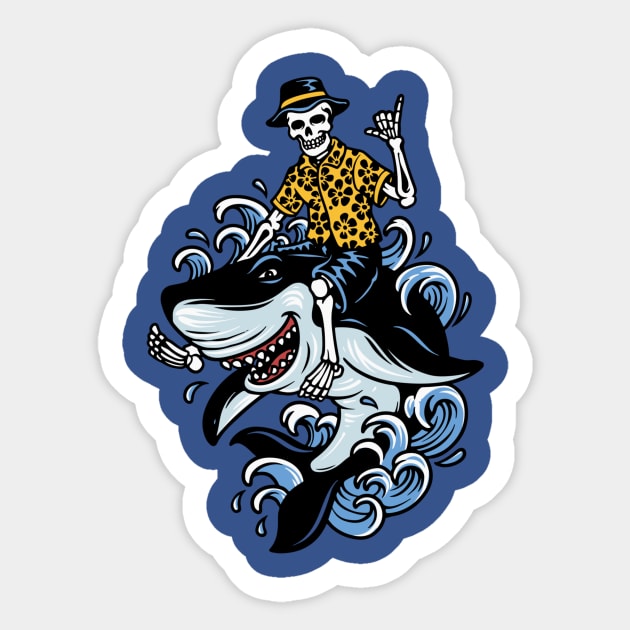 Shaka Sign Skelton Riding Shark Sticker by Joco Studio